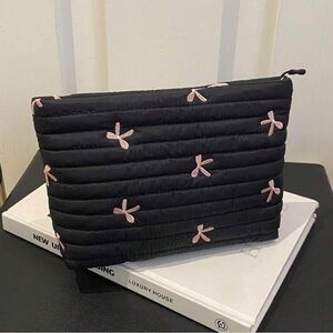 Brand new! black and pink bow quilted cosmetic bag